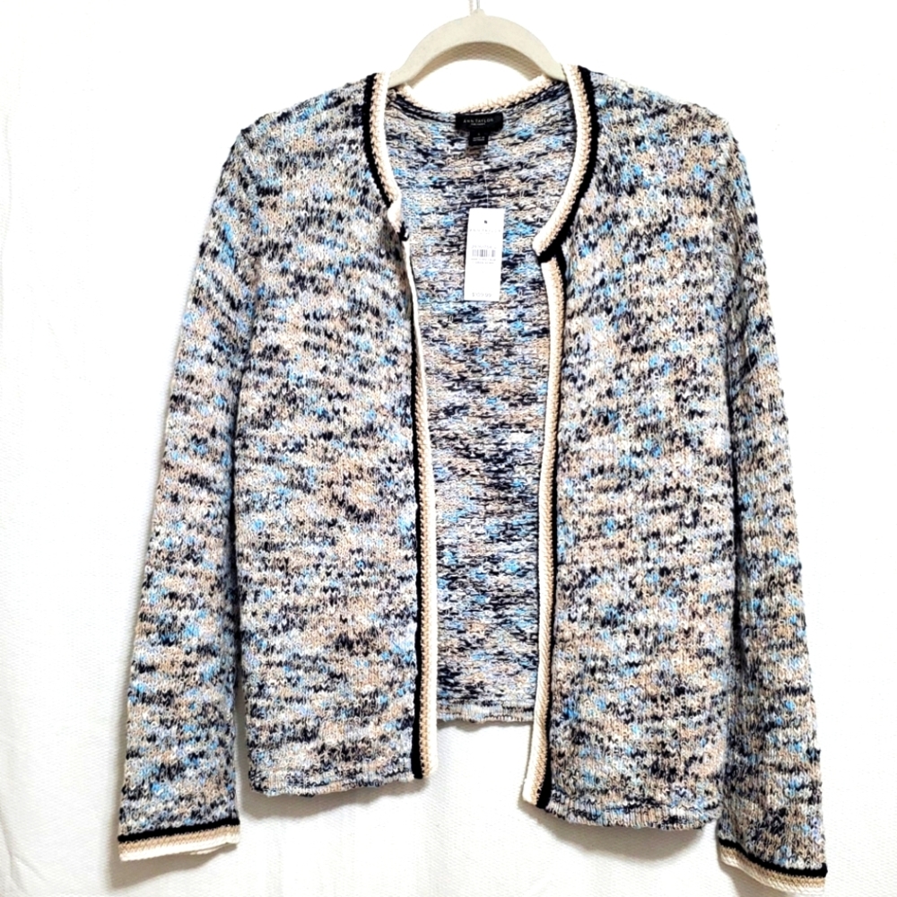 Ann Tayler Cropped Tweed Boucle Open Front Collarless Jacket Womens Large NEW